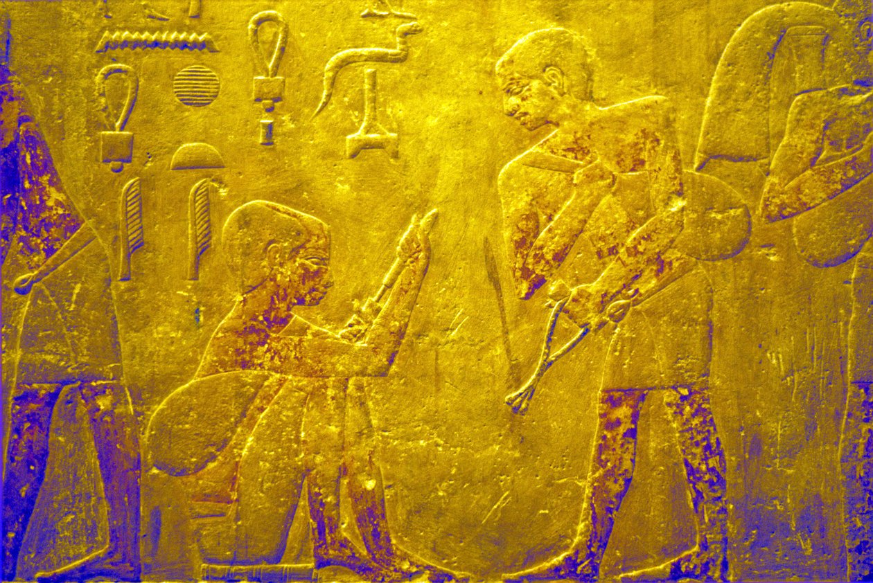 Forntida Egypten, Väggsnideri/målning, Mastaba/Tomb of Ti, Saqqara, 5:e dynastin, Handel med varor på marknad (foto) av School Egyptian
