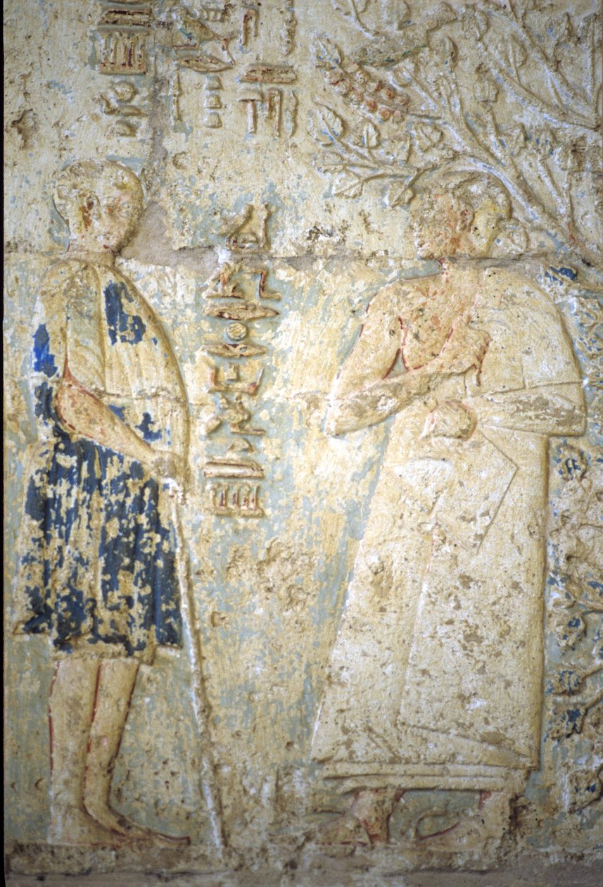 Forntida Egypten, Väggristning/-målning, Petosiris grav, Tuna el Gebel, 300 f.Kr, Petosiris och hans hustru (foto) av School Egyptian
