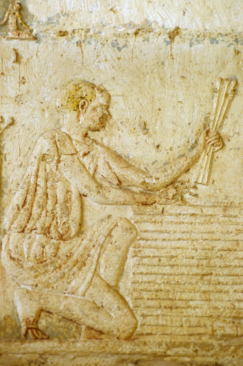 Forntida Egypten, Väggristning/-målning, Petosiris grav, Tuna el Gebel, 300 f.Kr, Linskörden (foto) av School Egyptian