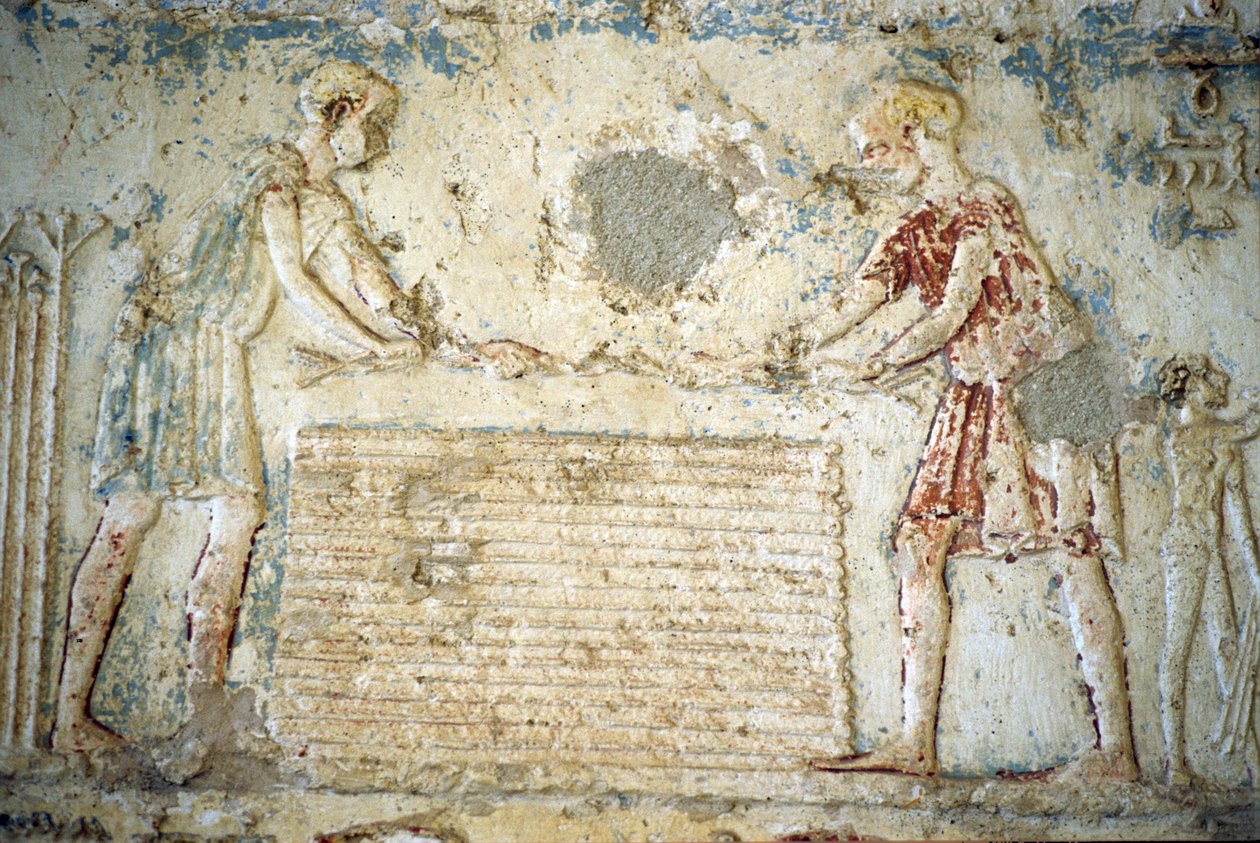 Forntida Egypten, Väggristning/-målning, Petosiris grav, Tuna el Gebel, 300 f.Kr, Linskörden (foto) av School Egyptian