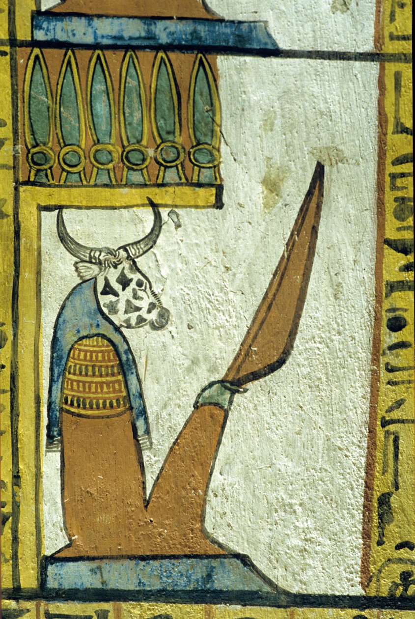 Forntida Egypten, väggmålning, underjordens gud med ko-huvud, Sennedjems grav, Thebe, Deir el Medina av School Egyptian