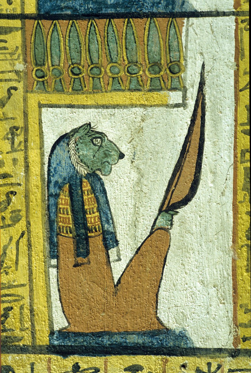 Forntida Egypten, Väggmålning, Underjordens gud med lejonhuvud, Sennedjems grav, Thebe, Deir el Medina av School Egyptian