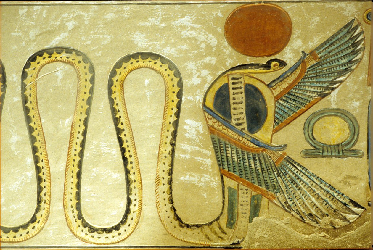 Forntida Egypten, Väggmålning, Amon hir Khopshefs grav, Uraeus och bevingade ormar vaktar ingången till gravkammaren, 20:e dynastin, Drottningarnas dal (foto) av School Egyptian