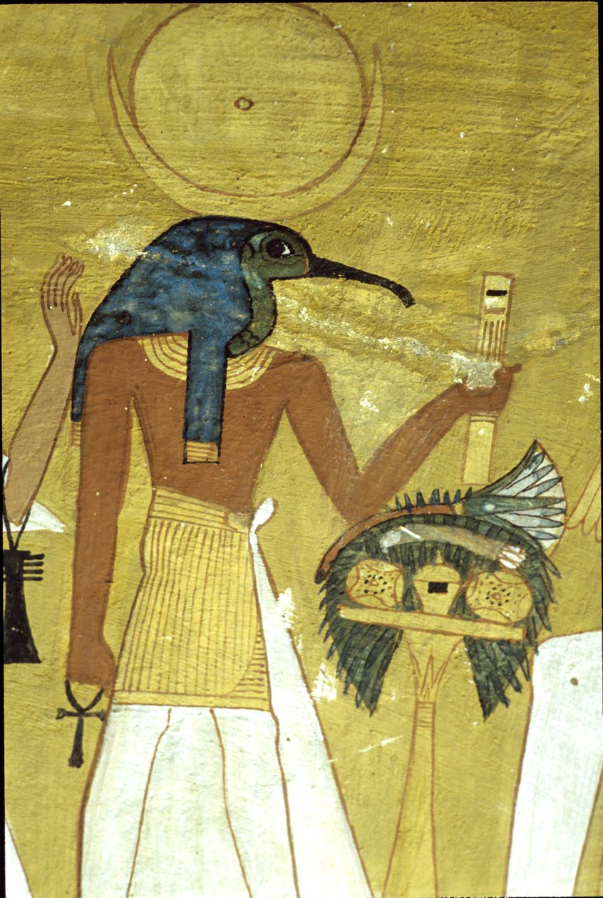 Forntida Egypten, väggmålning Inherkhau-graven, Thebe, guden Thoth presenterar den döde för Osiris, 20:e dynastin, ibis-huvad gud med månskiva (foto) av School Egyptian