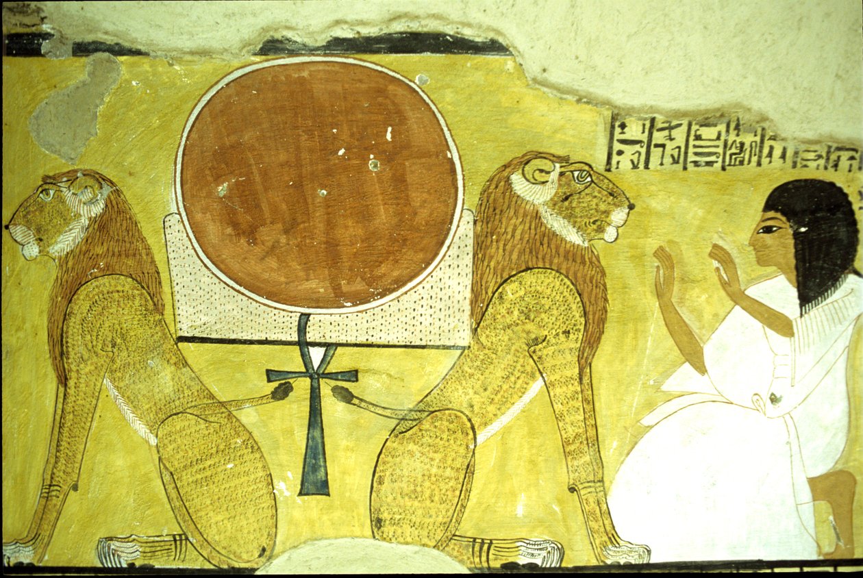 Forntida Egypten, väggmålning Inherkhaus grav, Thebe, Inherkhau tillbedjande två lejon, dagens och morgondagens väktare, 20:e dynastin (foto) av School Egyptian