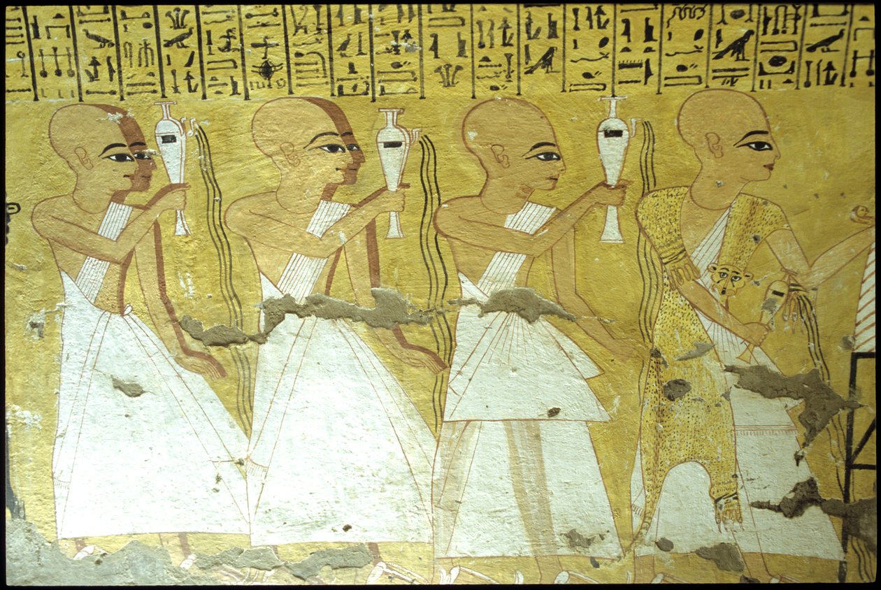 Forntida Egypten, Väggmålning Inherkhau-graven, Thebe, Adelns grav, 20:e dynastin, Präster häller libationer för Inherkhau (foto) av School Egyptian