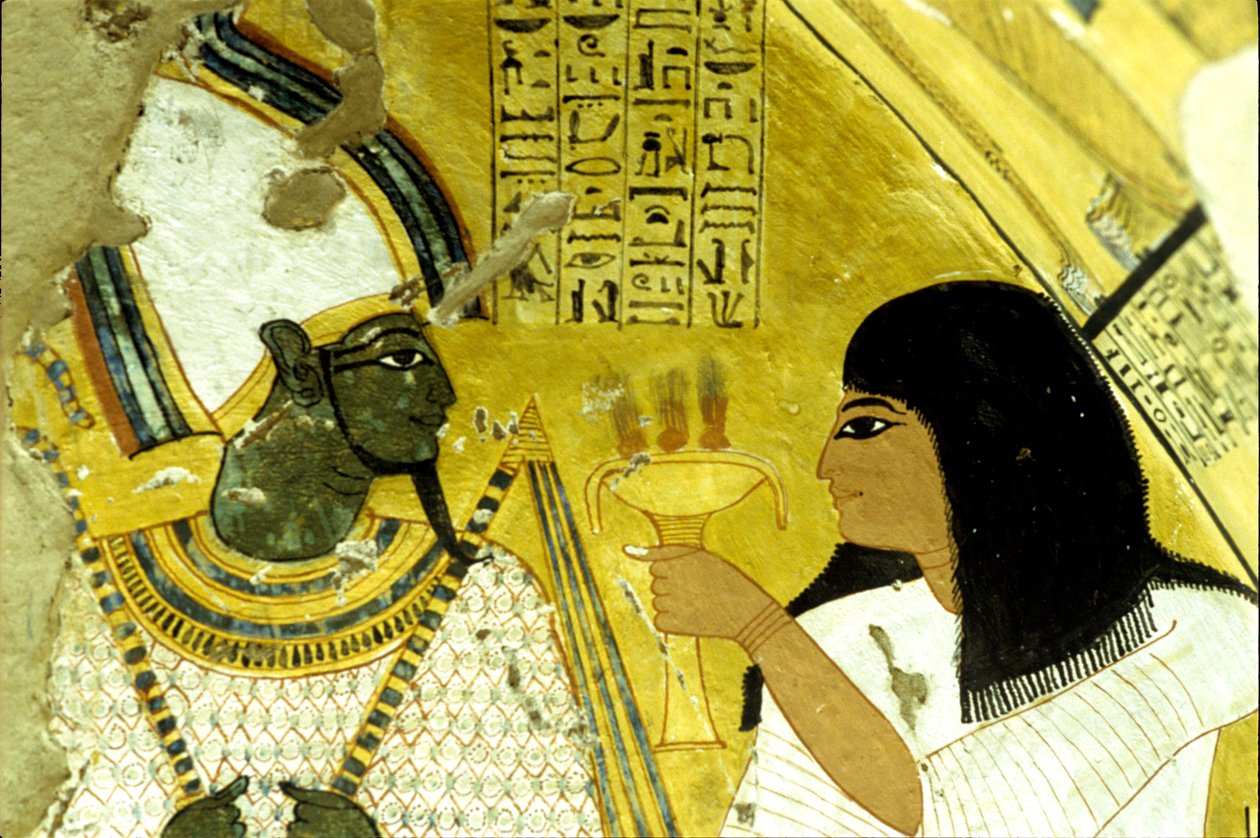 Forntida Egypten, Väggmålning Inherkhaus grav, Thebe, Adelns grav, 20:e dynastin, Inherkhau offrar till Osiris (foto) av School Egyptian
