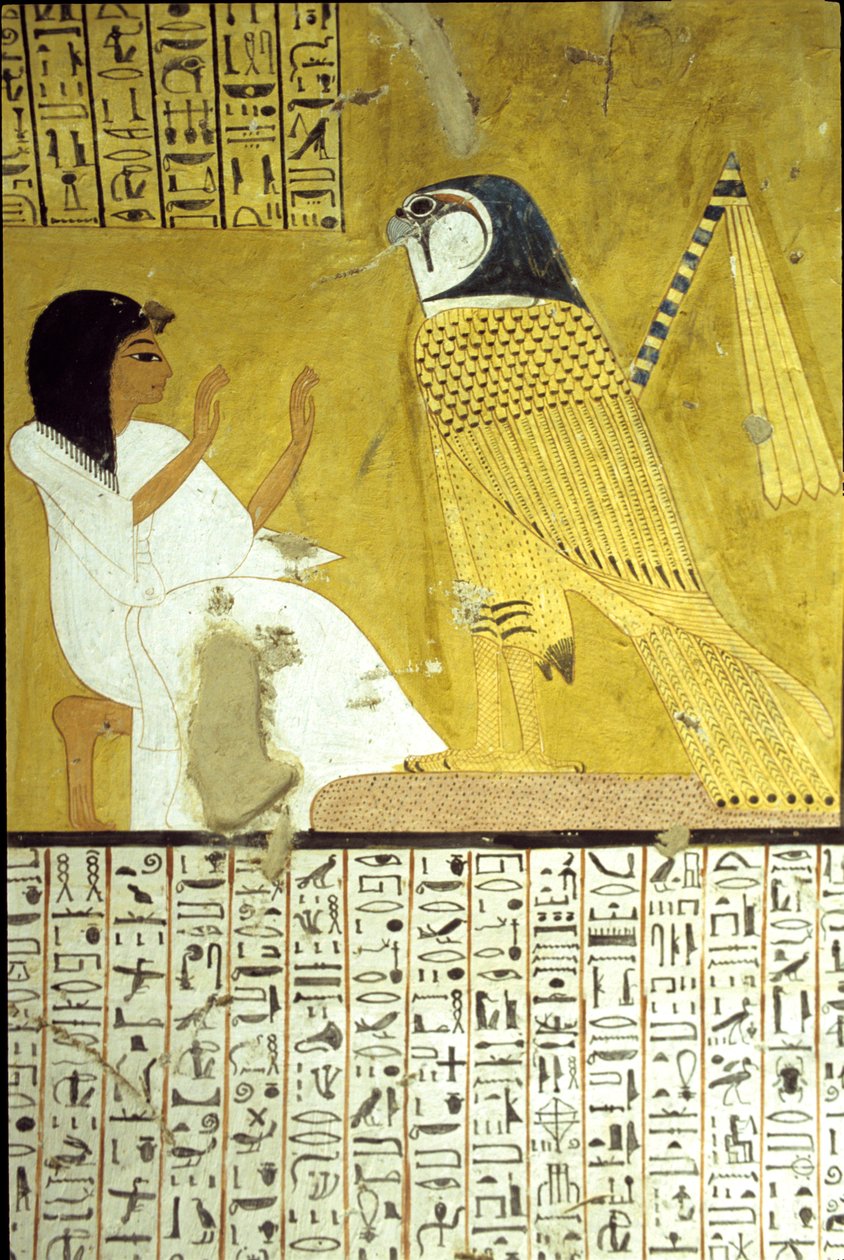 Forntida Egypten, Väggmålning Inherkhaus grav, Thebe, De adligas grav, 20:e dynastin, Inkherhau tillber Horushöken (foto) av School Egyptian