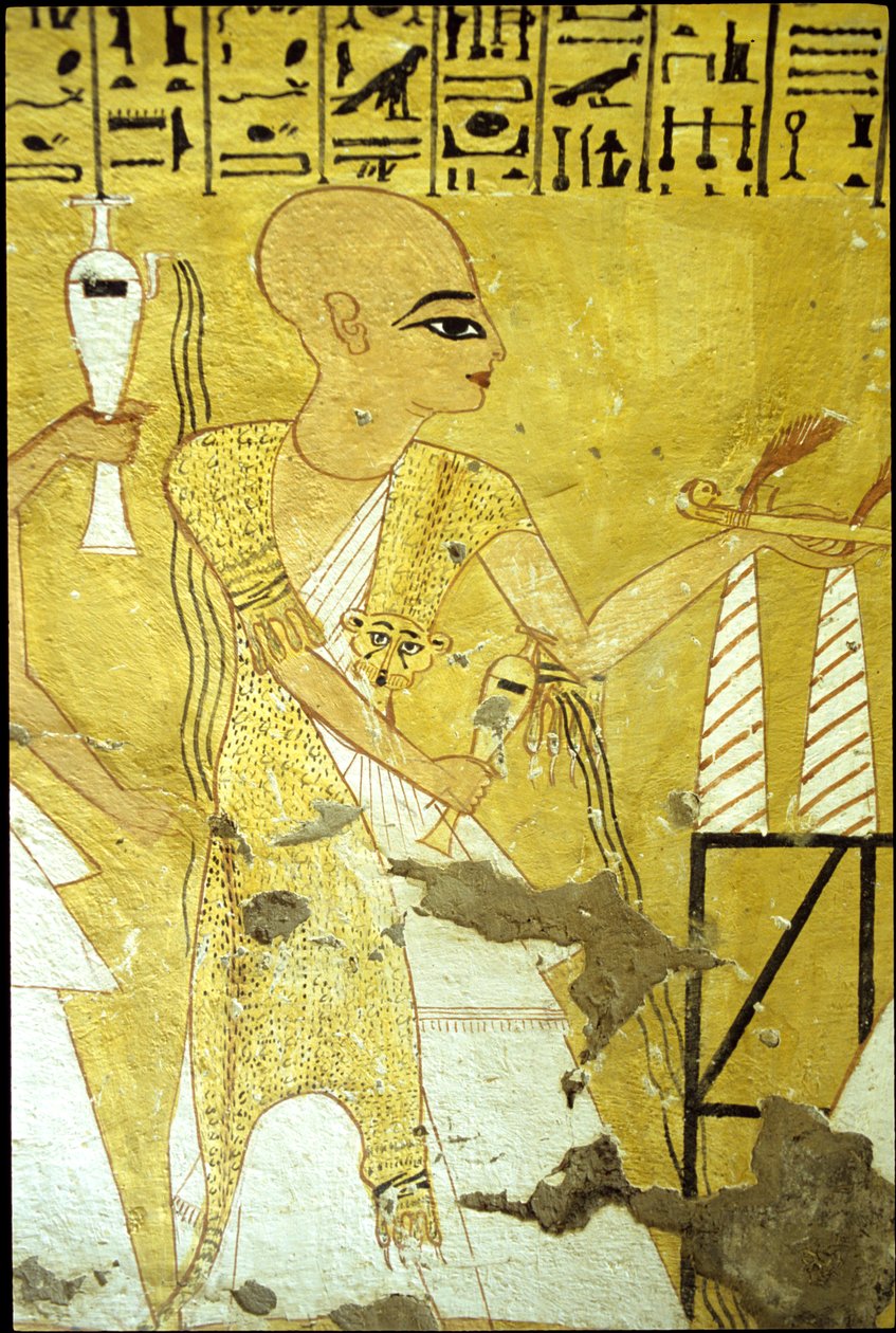 Forntida Egypten, Väggmålning Inherkhaus grav, Thebe, De adligas grav, 20:e dynastin, En präst häller upp libationer för Inherkhau (foto) av School Egyptian