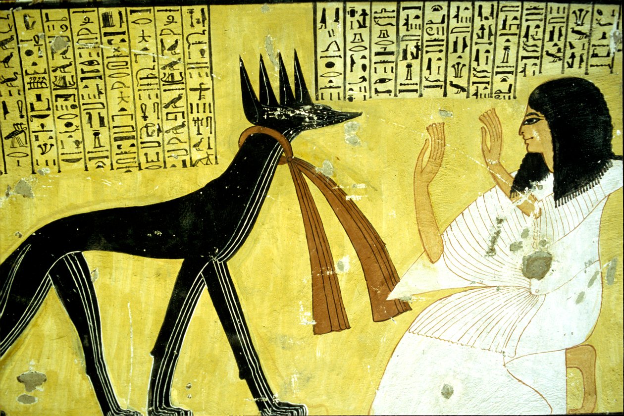 Forntida Egypten, Väggmålning Inherkhaus grav, Thebe, De adligas grav, 20:e dynastin, Inherkhau tillber schakalgudarna (foto) av School Egyptian