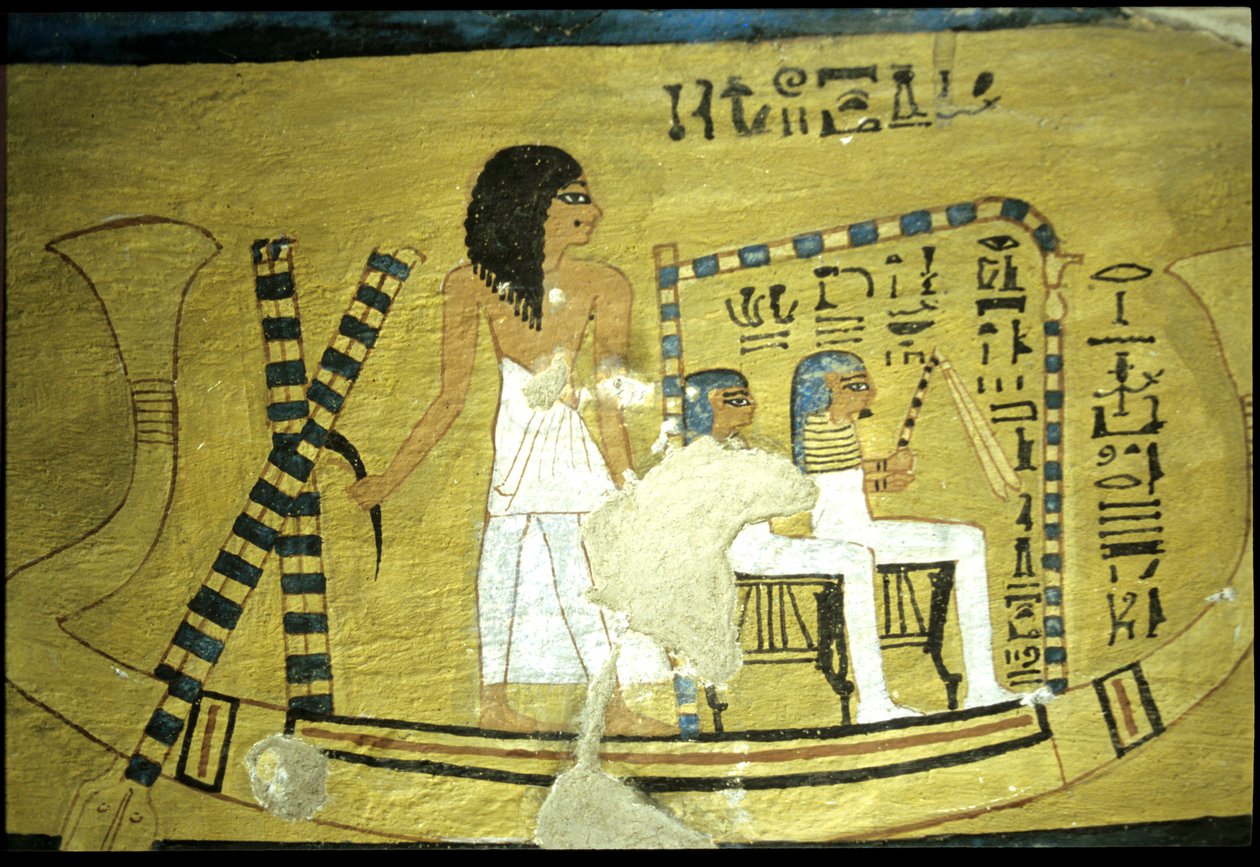 Forntida Egypten, Väggmålning Inherkhaus grav, Thebe, De adligas grav, 20:e dynastin, Inherkhau styr en båt med två gudar sittande i en helgedom (foto) av School Egyptian