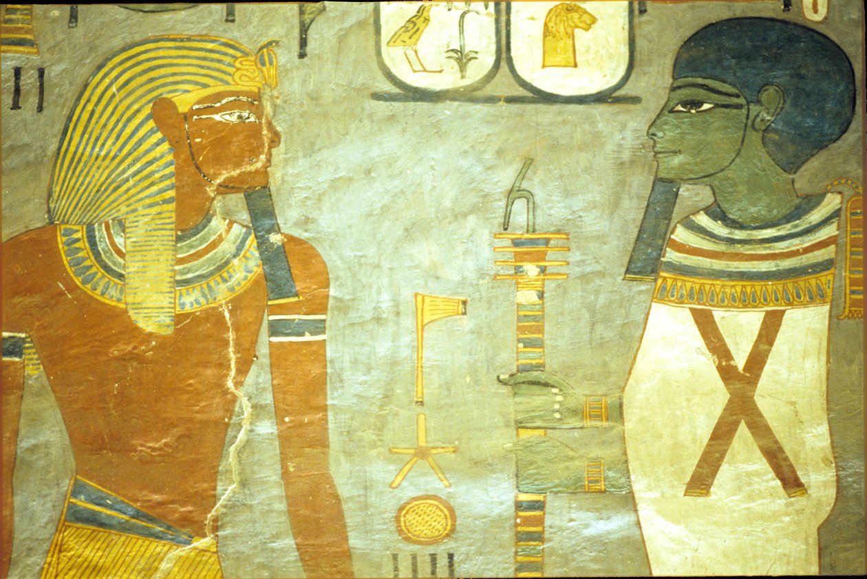 Forntida Egypten, Väggmålning, Ramses I:s grav, Konungarnas dal 19:e dynastin, Ramses I inför Ptah, skapelsens gud (foto) av School Egyptian