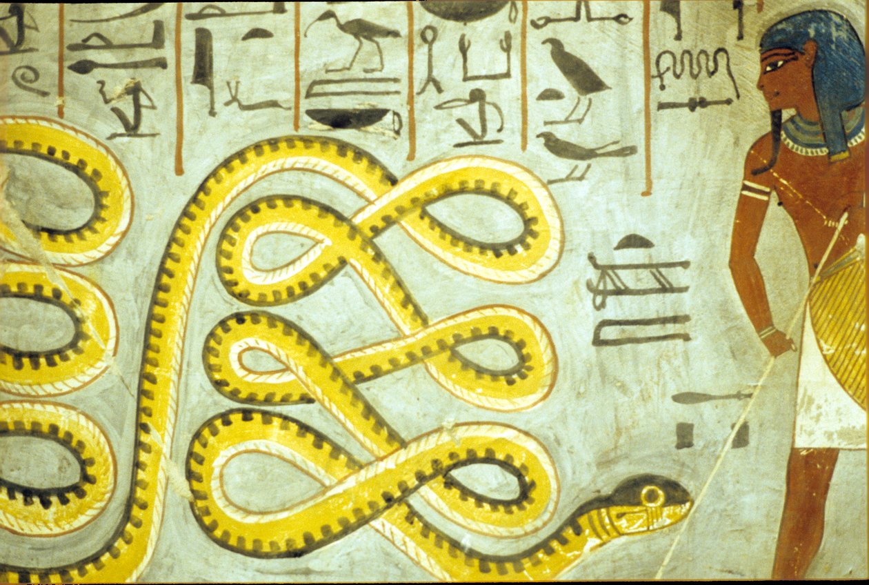Forntida Egypten, Väggmålning, Ramses I:s grav, Konungarnas dal, Ramses I dödar ormen, underjordens gud av School Egyptian