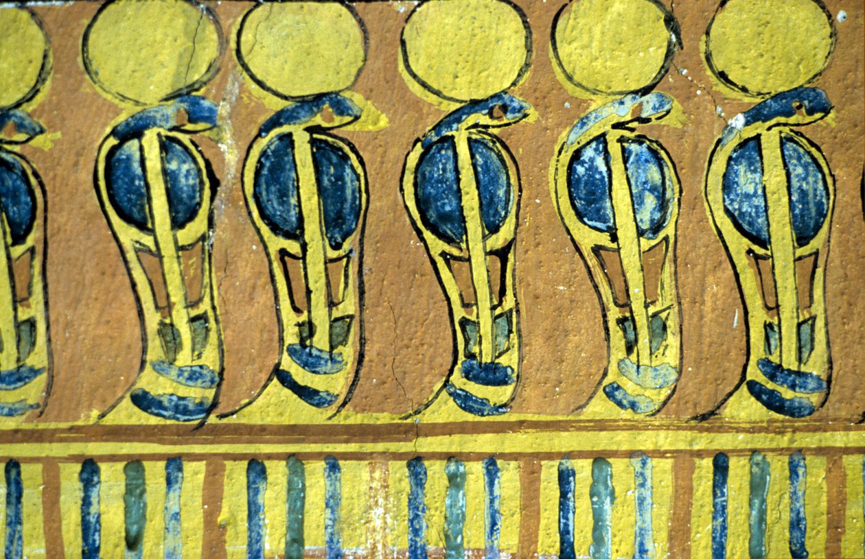 Forntida Egypten, Väggmålning, Uraeus-ormar vaktar Osiris helgedom, Sennedjems grav, Thebe, Deir el Medna av School Egyptian