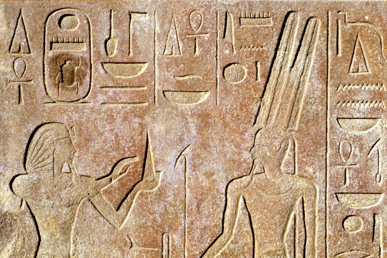 Forntida Egypten, Väggmålning/ristning, Karnak/Luxortemplet, Hatshepsut offrar bröd till Amon Ra av School Egyptian