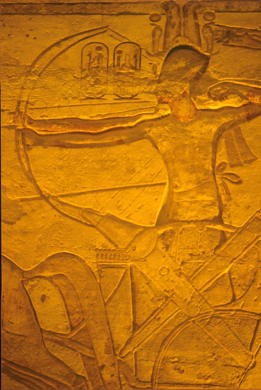 Forntida Egypten, Väggmålning/ristning, Ramses II i sin vagn vid slaget vid Kadesh, Ramses II:s och Nefertaris tempel, Abu Simbel av School Egyptian