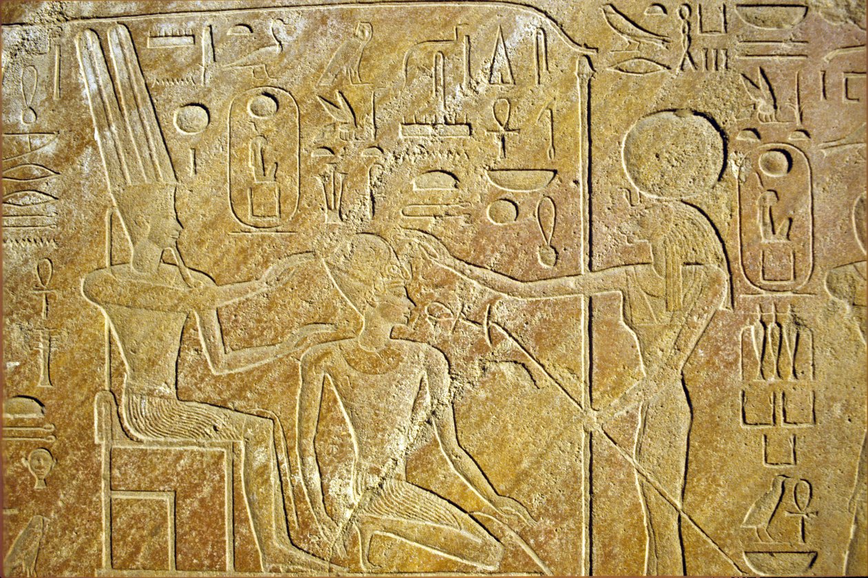 Forntida Egypten, Väggmålning/ristning, Sakhmet adresserar Amon Ra och Hatshepsut, Karnaktemplet, Luxor av School Egyptian