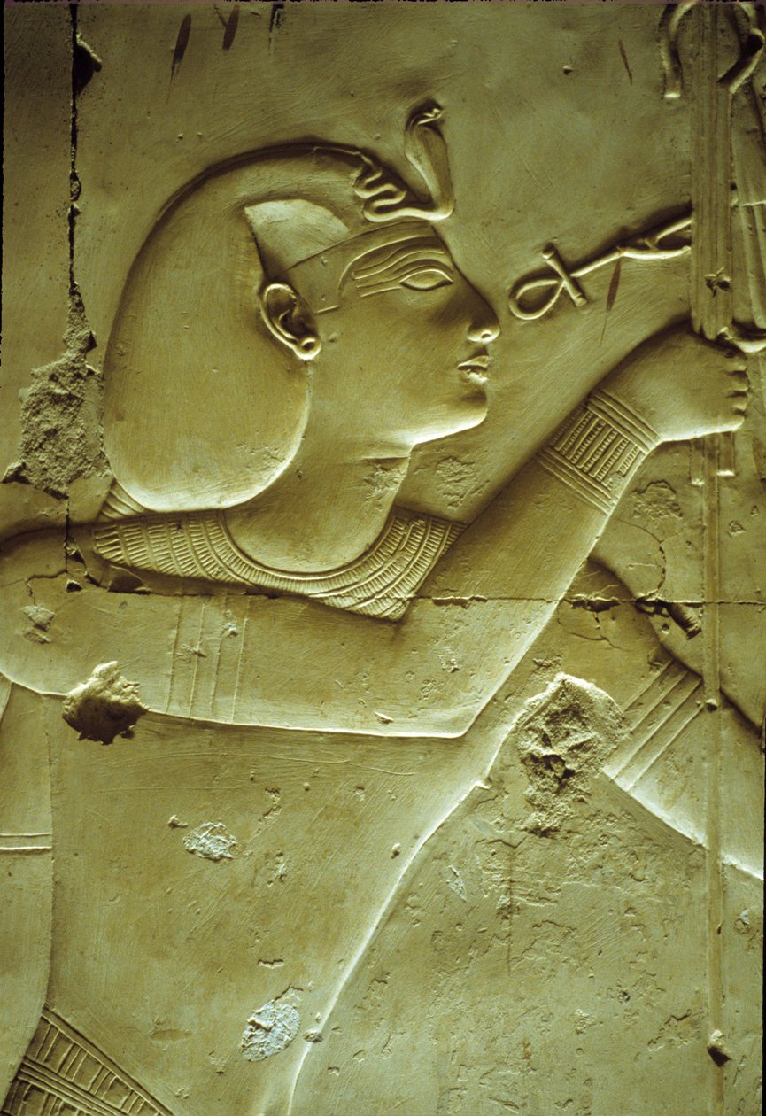 Forntida Egypten, Väggmålning/ristning, Seti I får liv, symboliserat av ankh, Seti I:s tempel, Abydos av School Egyptian