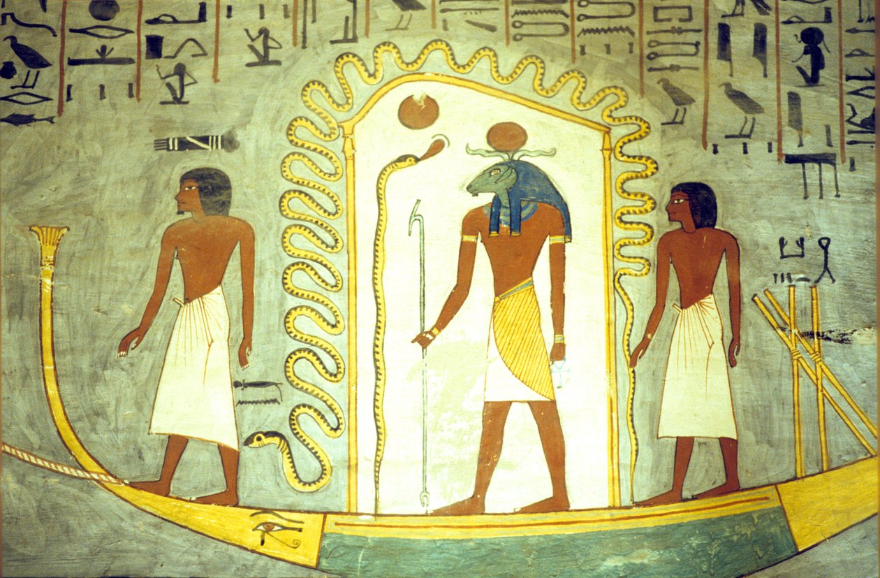Forntida Egypten, Väggmålning/ristning, Ramses I:s grav, Thebe, Amon Ras bark bogseras genom underjorden (foto) av School Egyptian