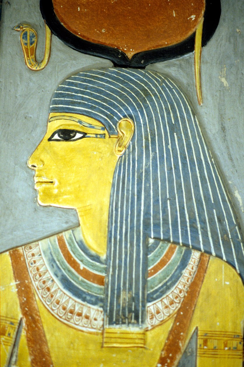 Forntida Egypten, Väggmålning/carvyr, Gudinnan Isis, Fruktbarhetsgudinnan, Horemhebs grav, Adelsmännens grav i Thebe (foto) av School Egyptian