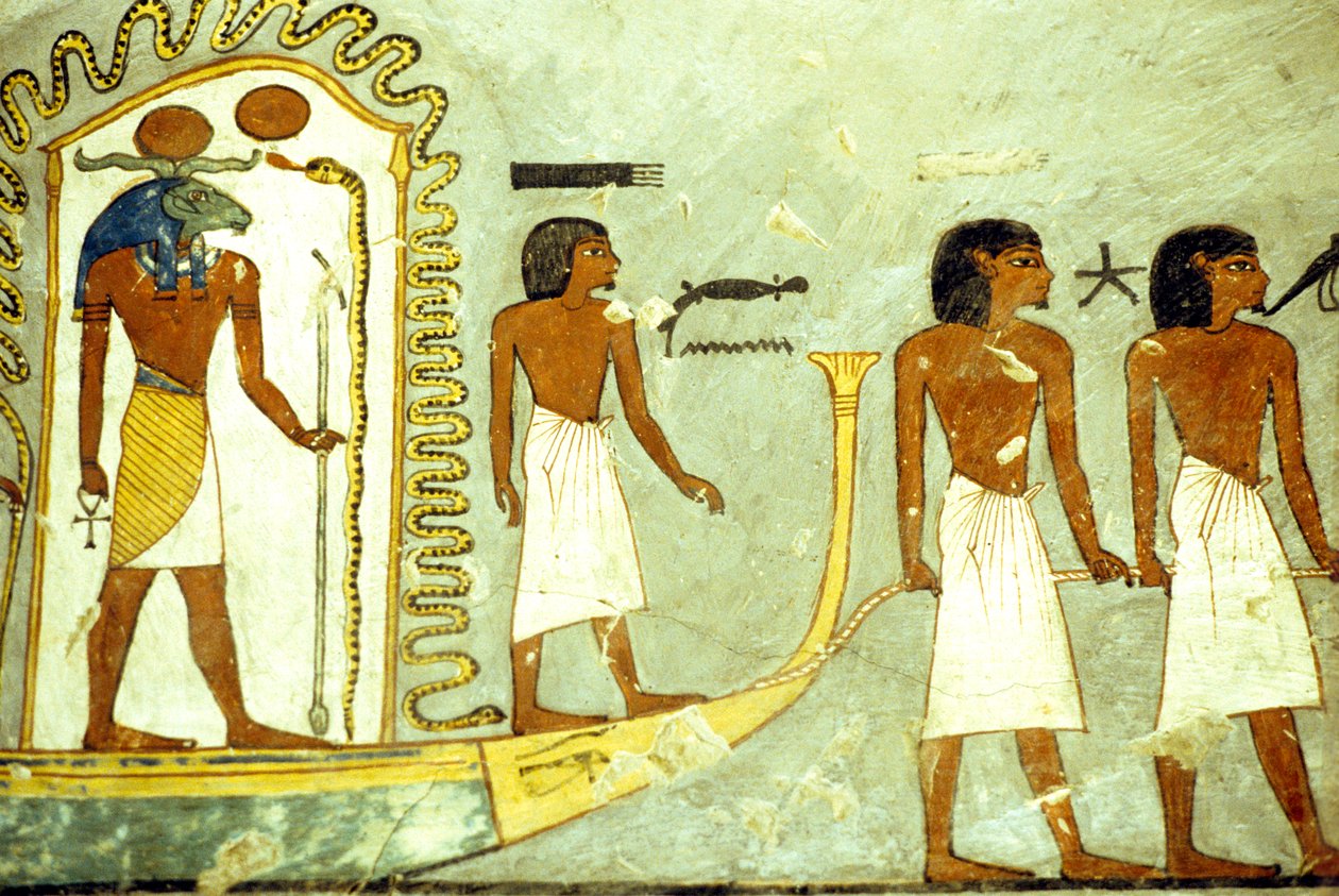 Forntida Egypten, Väggmålning/karvsnitt, Resa genom underjorden båt dragen av män, Ramses I:s grav, Thebe av School Egyptian