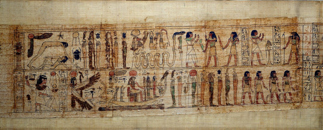 Forntida egyptisk konst Mytologisk Papyrus av Serimen. På toppen: under världens skapelse är guden Geb (Jorden) skild från gudinnan Nout (himlen); gudar och andar från och med. Nedan: Serimen hyllar solen som svämmar över med sin ra av School Egyptian