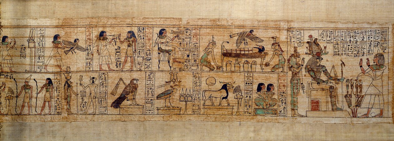 Forntida egyptisk konst Mytologisk Papyrus av Serimen. Överst: Serimen älskar guden Osiris representerad av dess emblem i staden Abydos. De dödas själ i form av en fågel flyger över hans mumie bevakad av gudinnorna Isis (vänster) och Nephtys (höger) av School Egyptian