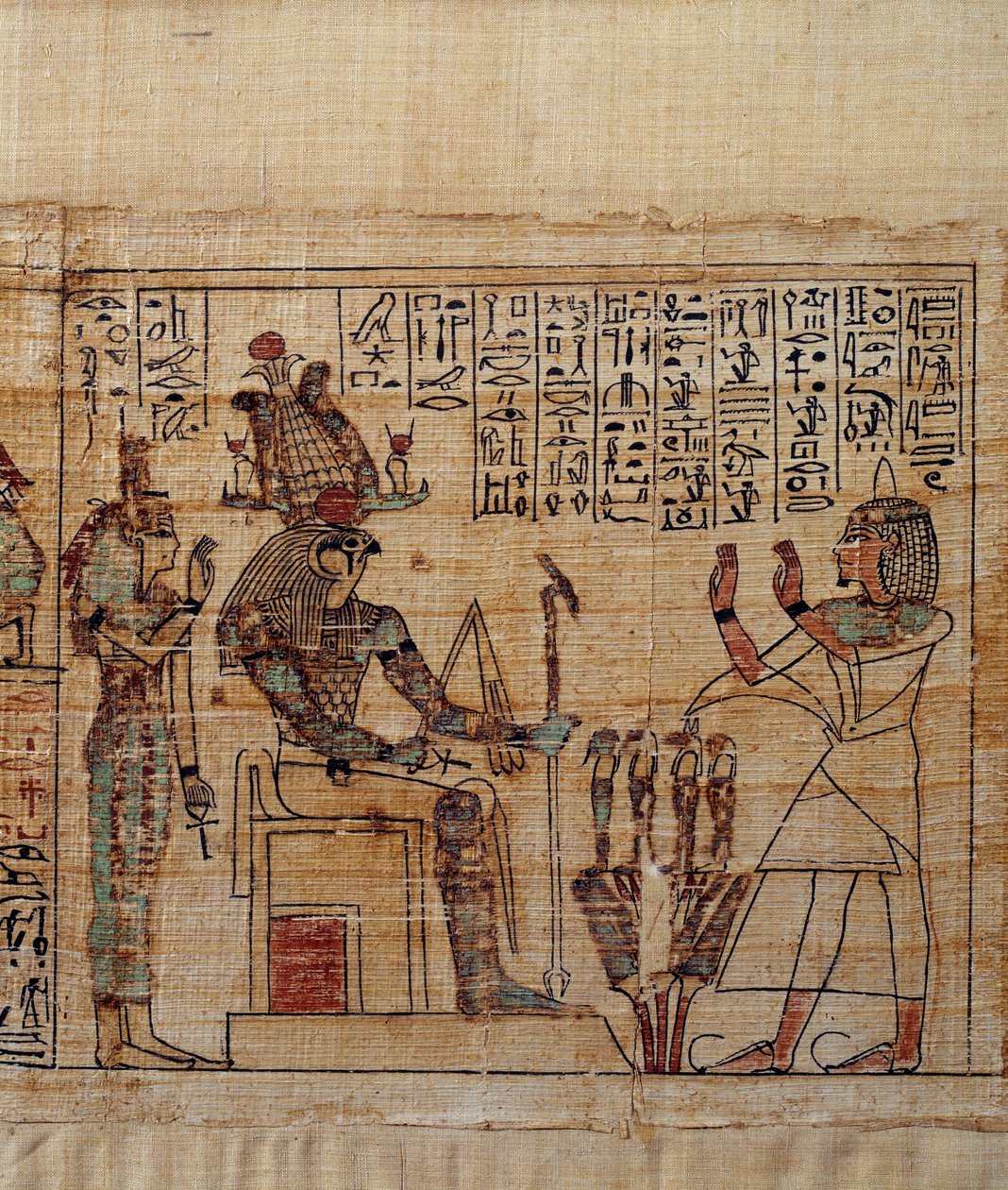 Forntida egyptisk konst: Mytologisk Papyrus av Serimen. serimen i tillbedjan inför guden ptah-sokar-osiris följt av Isis. Manuskript av den 21:a dynastin (ca 1069-945), tredje mellanperioden (ca 1069-664 f.Kr.). Målning. av School Egyptian