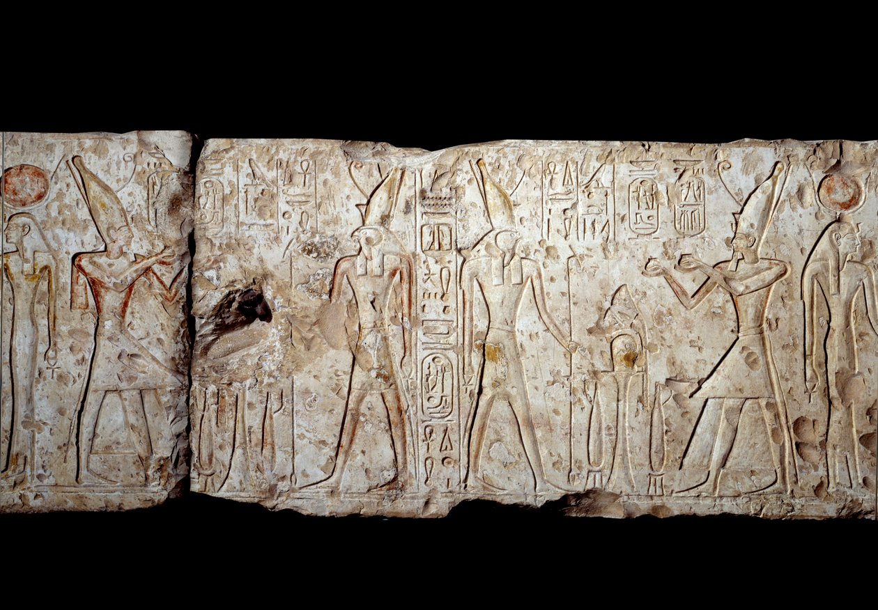 Forntida egyptisk konst: Ramses II ger offer till Osiris. Lågrelief i kalksten från Abydos (1279-1213 f.Kr.) 19:e dynastin. Nytt imperium. Paris, Louvren av School Egyptian