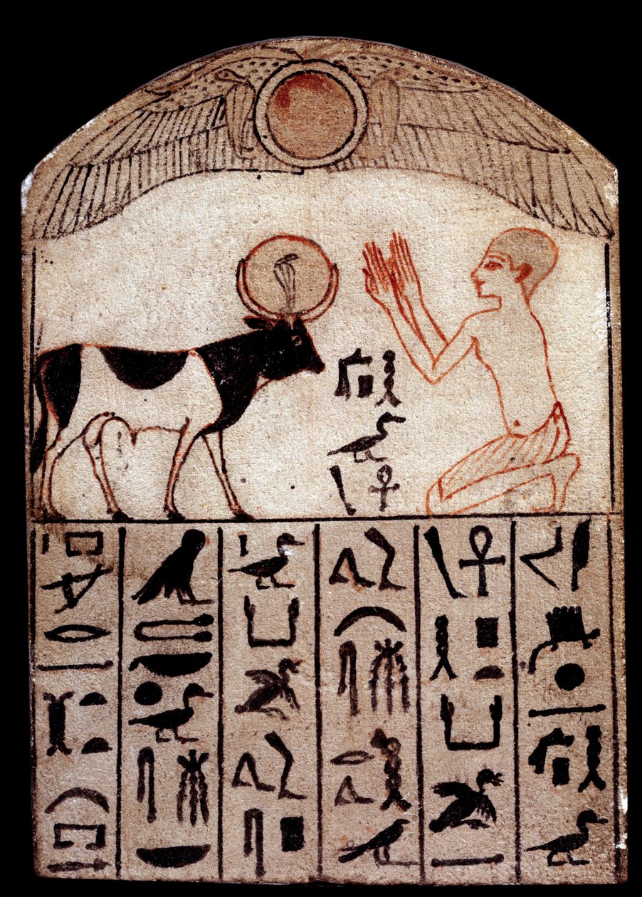 Forntida konst: Serapeum stele (målad kalksten). Tillbedjan av guden Apis. Målad kalkstensskulptur, lågperiod (664-332 f.Kr.), Egypten. Paris, Louvren av School Egyptian