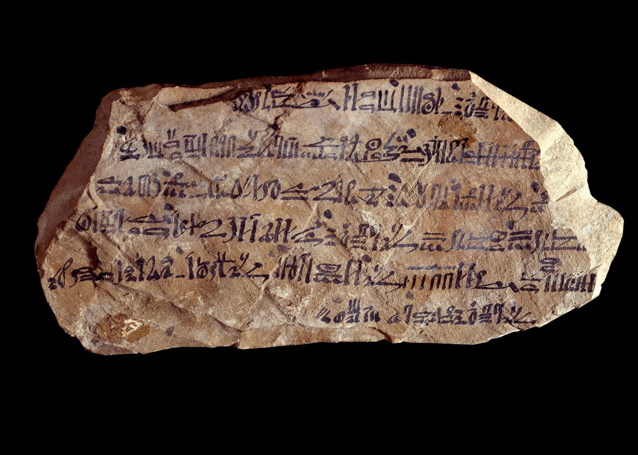 Konst i det forntida Egypten: ostrakon (eller ostracon) (plural: ostraca eller ostraka) hieratisk (keramikskärvor på vilka heliga ting är skrivna). Egyptens nya imperium. Paris, Louvren av School Egyptian