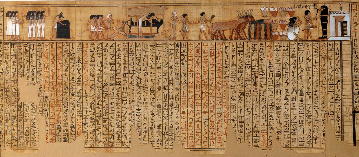 Egyptian Antiquit: Book of the Dead, Papyrus of Nebqed. Omkring 1400-1350 f.Kr. 18:e dynasti. Från Thebe. Sön 6,3 m Paris, Louvren av School Egyptian