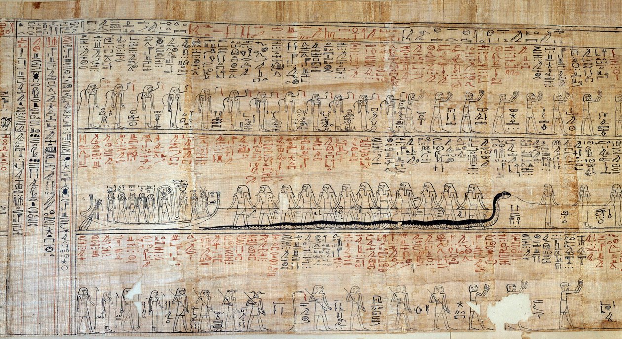 Egyptiska antiken: Papyrus hämtar från Book of Secretive Homes. Den här boken är en kommenterad representation av solens underjordiska resa under nattens tolv timmar. Först ritar på väggarna i kungliga tomerna, det transkriberades sedan på av School Egyptian