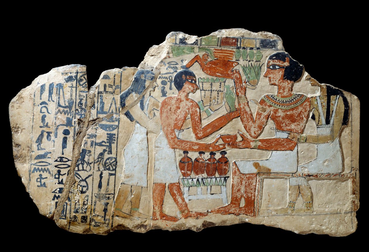 Egyptisk antikvitet: Iri stele i kalksten. Ett par som ger ett erbjudande. Första mellanperioden (2200-2033 f.Kr.) Sön. 0,3x0,52 m Paris, Louvren av School Egyptian