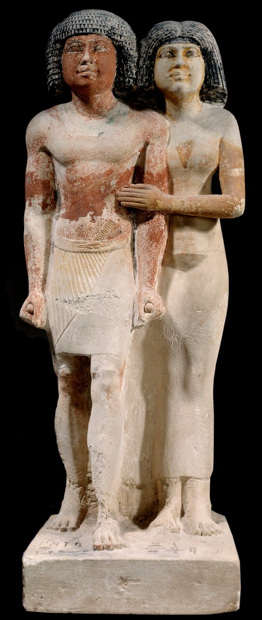 Egyptisk antikvitet: Kalkstensstaty av paret Raherka och Meresankh. 5:e dynasti. Gamla imperiet (cirka 2700-2200 f.Kr.). Sön 0,52x0,21 m Paris, Louvren av School Egyptian