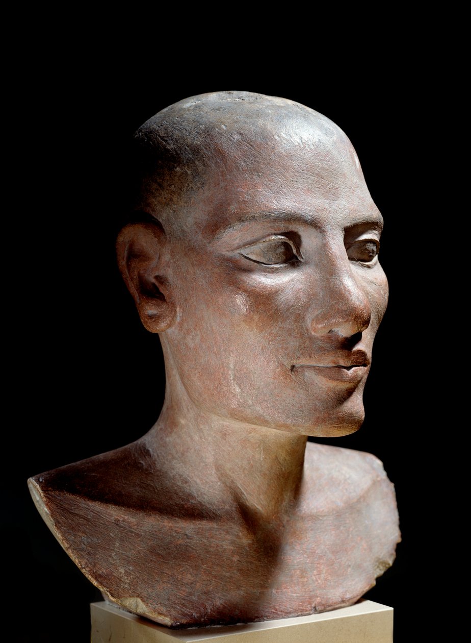 Egyptisk antikvitet: Salthuvud. Kalkstensskulptur, Gamla imperiet (cirka 2700-2200 f.Kr.). Paris, musee du Louvre - Egyptisk antiken: Huvudet av en ung man sa "" Salt"" huvud, målad kalksten, Gamla kungariket (ca 2700-2200 f.Kr.), Louvren, Paris av School Egyptian