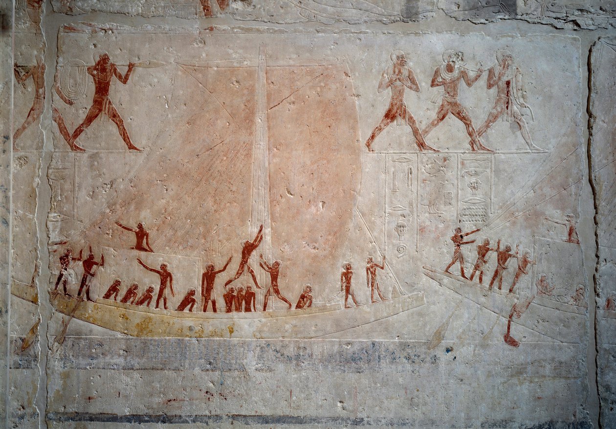 Egyptisk antikvitet: en segelbåt. Kalkstensrelief från kapellet i Mastaba av Akhethetep i Saqqara. 5:e dynastin (omkring 2500-2350 f.Kr.) 2300 f.Kr. Paris, Louvren av School Egyptian