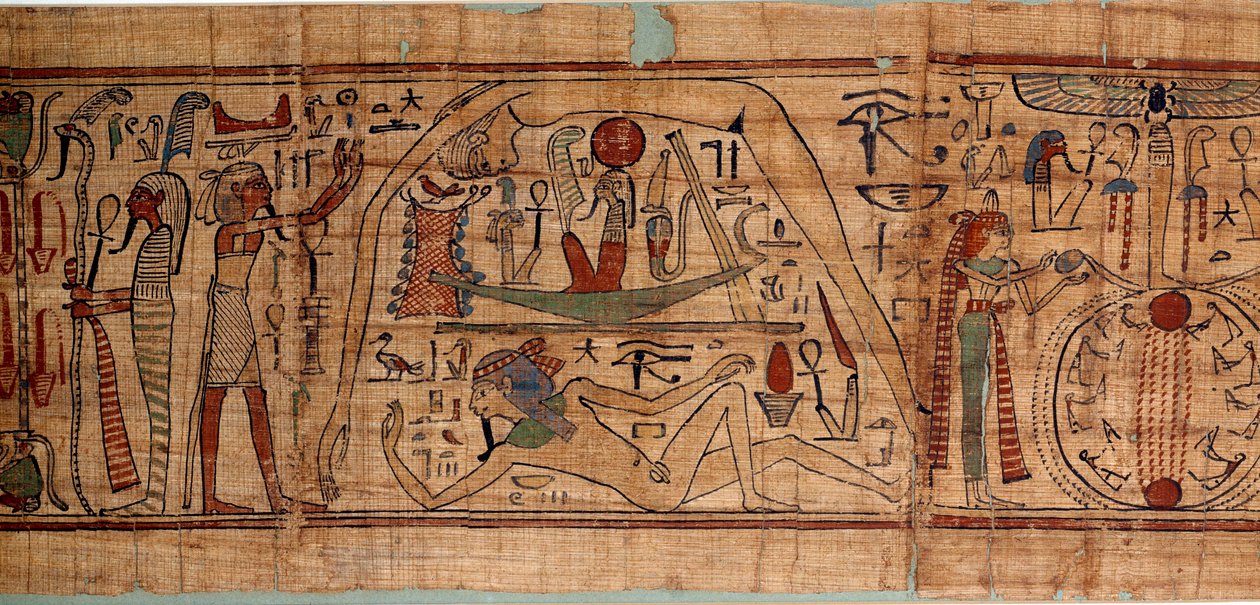 Egyptisk antik allegori över kosmos: mytologisk papyrus av Neskapashouty, bokskrivare av korn som representerar kosmogoni, med Geb, Nout, Nephtys, Osiris. 1070-664 f.Kr. 21:a dynastin. Sön 2,7x0,27 m Paris, Louvren av School Egyptian