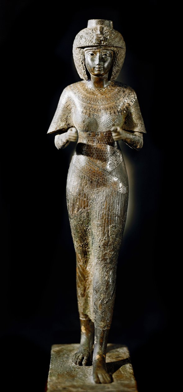Egyptisk antikvitet: bronsstaty av drottning Karomama, hustru till farao Takelot II. 21:a dynastin. Paris, Louvren av School Egyptian
