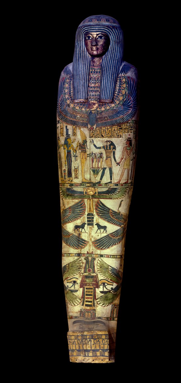Egyptisk antikvitet: omslag till sarkofag av Jedkhonsouioufankh (Djedkhonsouiouefankh), omkring 750 f.Kr., Louvren - Egyptisk antikvitet: sarkofaglocket av Djedkhonsouioufankh (Djedkhonsouioufankh), ca 750 f.Kr., Louvren, Paris av School Egyptian
