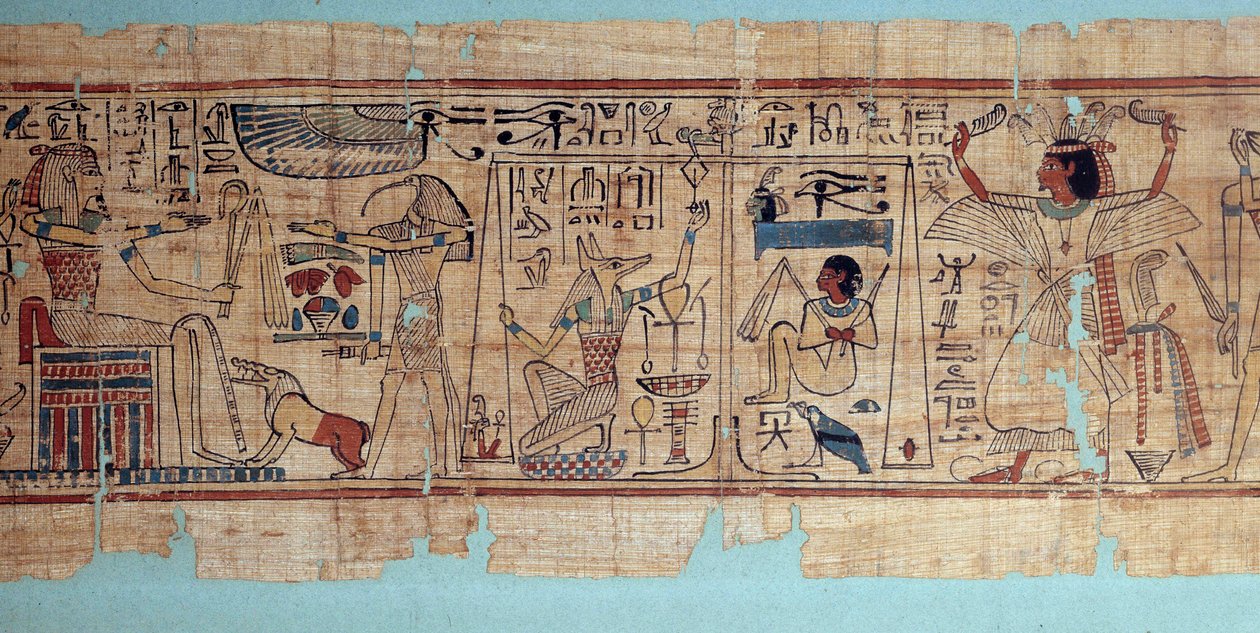 Egyptisk antikvitet: detalj av den mytologiska papyrusen från Neskapashouty, bokförare över kornen på Amons vind. Anubis väger den avlidnes hjärta (själ). 21:a dynastin av School Egyptian