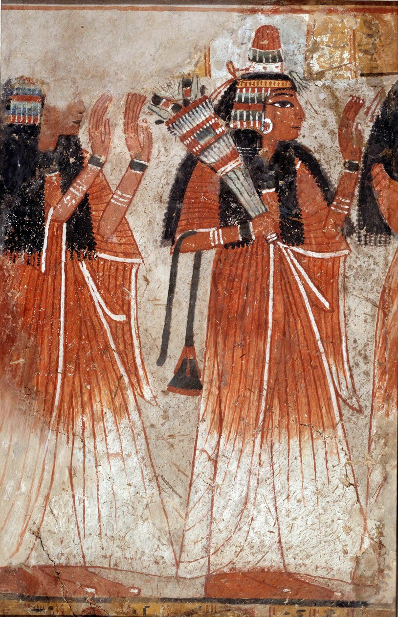 Egyptisk antikvitet: fragment av väggmålning från Niays grav som skildrar en förorening av släktingar till den avlidne. Från platsen för Dra Aboul Naga. 19:e dynastin (1295-1186 f.Kr.) Sön. 0,61x0,39 m av School Egyptian