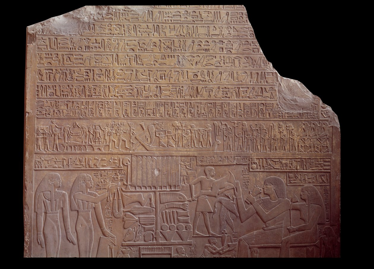 Egyptisk antikvitet: begravningsstele täckt med en inskription på kodspråk i form av hieroglyfer. Paris, Louvren av School Egyptian