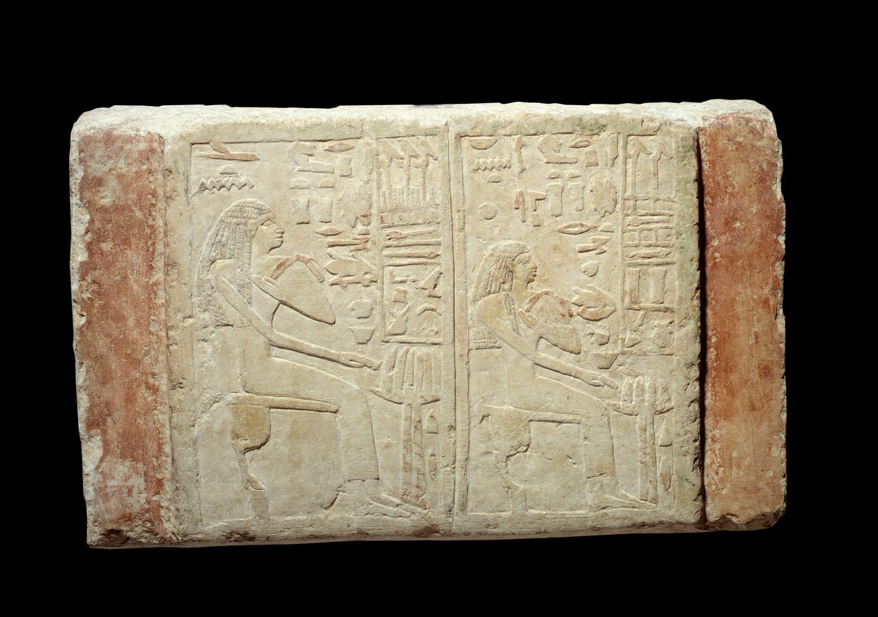 Egyptisk antikvitet: begravningsstele i kalksten av damerna Waten och Ousernebnet. Thinitisperiod (ca 3100-2700 f.Kr.) 2:a dynastin från Memphis. Paris Louvren av School Egyptian