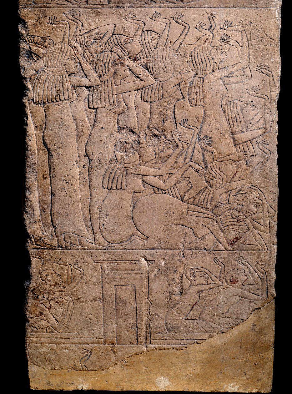 Egyptisk antikvitet: memfitgrav från Horemheb till Saqqarah (Sakkarah eller Saqqara), lättnad: gråtande vid Horemhebs begravning. 18:e dynastin (cirka 1550-1295 f.Kr.) av School Egyptian