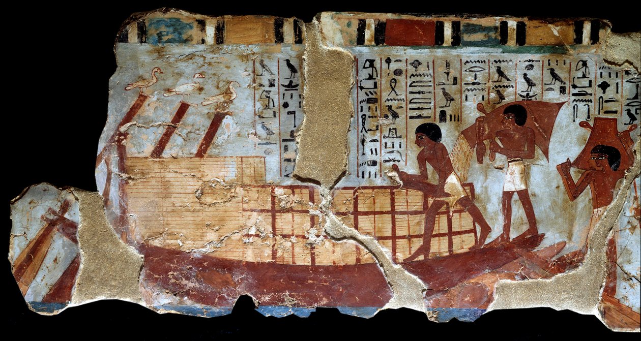 Egyptisk antikvitet: väggmålning från den tebanska graven Ounsou: transport av vete med vatten, serier av fresker på plöjning, plantering, skörd, transport av kärvar samt deplantering och borttagning av spannmål. Reg of Thutmosis (Tuthmosis eller Thutmu av School Egyptian