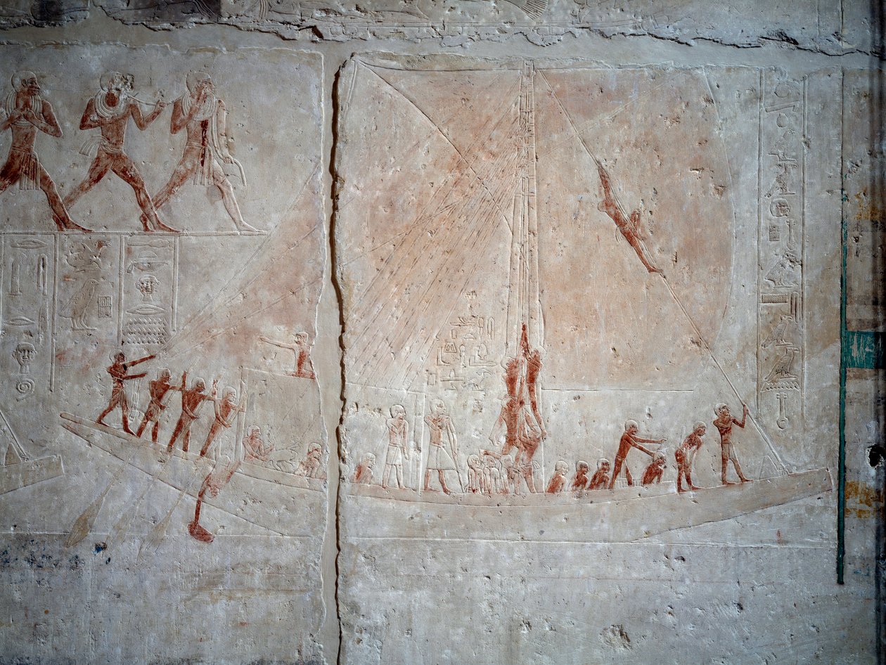 Egyptisk antikvitet: navigationsscen. Kalkstensrelief från kapellet i Mastaba av Akhethetep i Saqqara. 5:e dynastin (cirka 2500-2350 f.Kr.) 2300 f.Kr. Paris, Louvren av School Egyptian
