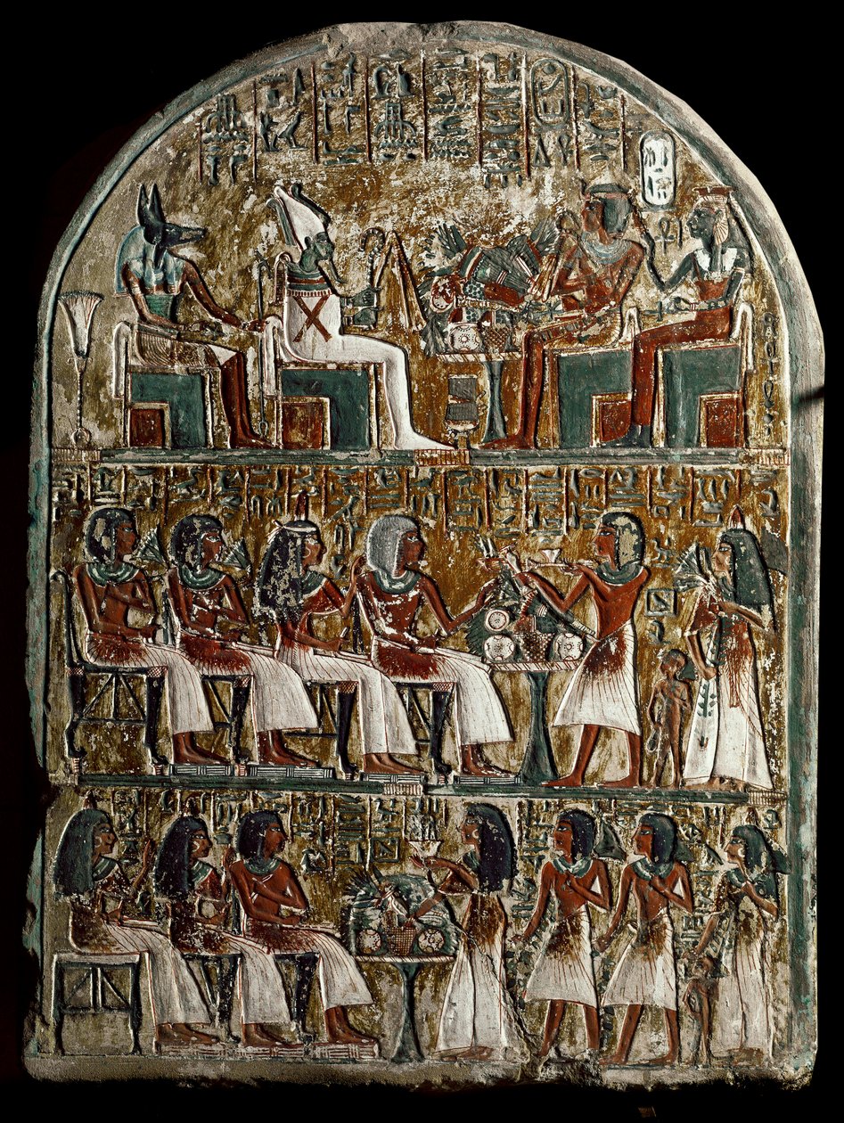 Egyptisk antikvitet: stelen av Irynefer, ovanpå gudarna Osiris och Anubis vänder mot Amenophis I och Ahmes Nefertari gudomliga; i Irynefer centrum ger hans fru Mehytkhaty och deras dotter Hathor begravningsoffer till sina föräldrar, i botten Hathor vuxen av School Egyptian