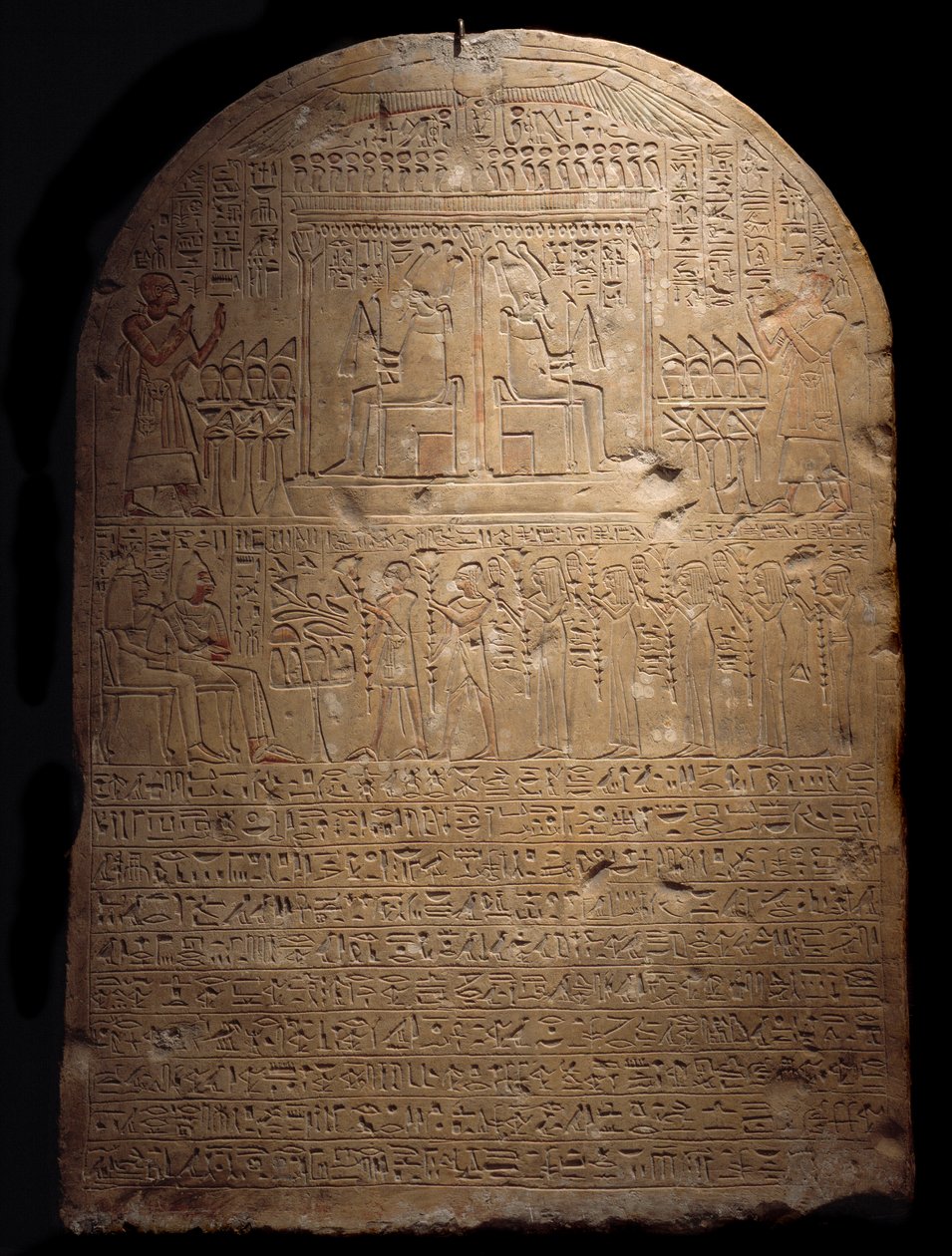 Egyptisk antikvitet: stelen av Ptames, den första profeten av Aton under farao Amenhotep (Amenophis) III. 1403-1365 före JC 18:e dynastin Lyon, Musee des Beaux Arts av School Egyptian