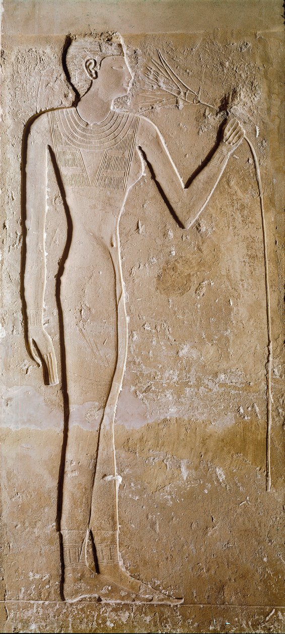 Egyptisk antikvitet: ung kvinna har lotusblomma. Kalksten. 5:e dynastin, 2300 f.Kr. Dämpa. 145 cm Paris, Louvren av School Egyptian